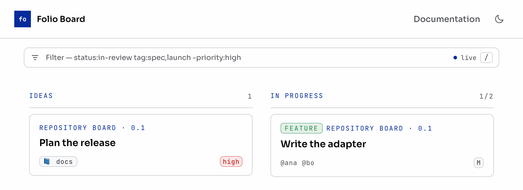 A live board: the filter bar shows the live mark